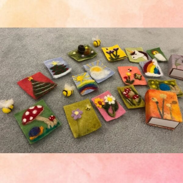 These carefully crafted felted matchbox covers and buzzy bees in readiness for our Christmas stall…